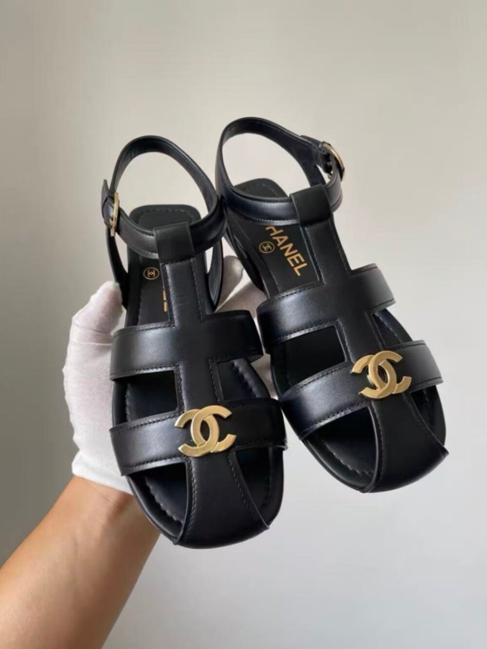CHANEL Interlocking CC Black Leather Cage Sandals
